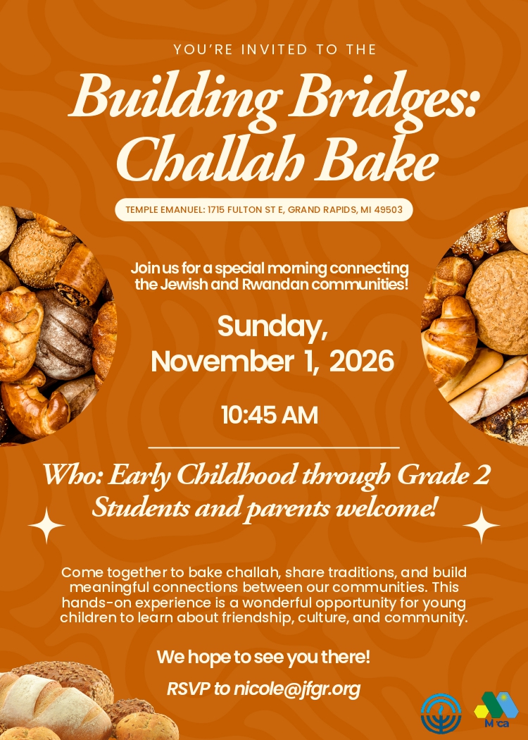 Original Building Bridges: Challah Bake flyer for the November 1, 2026 family program in Grand Rapids.