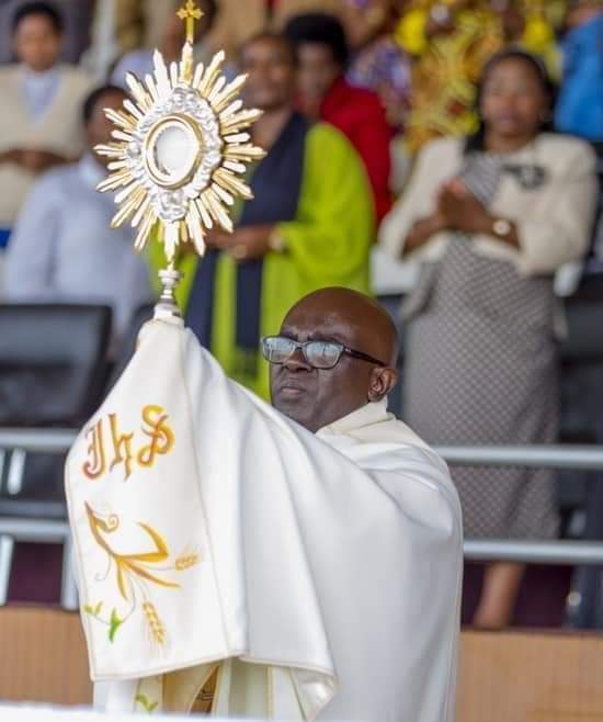 A priest raises the Eucharist during a religious celebration.