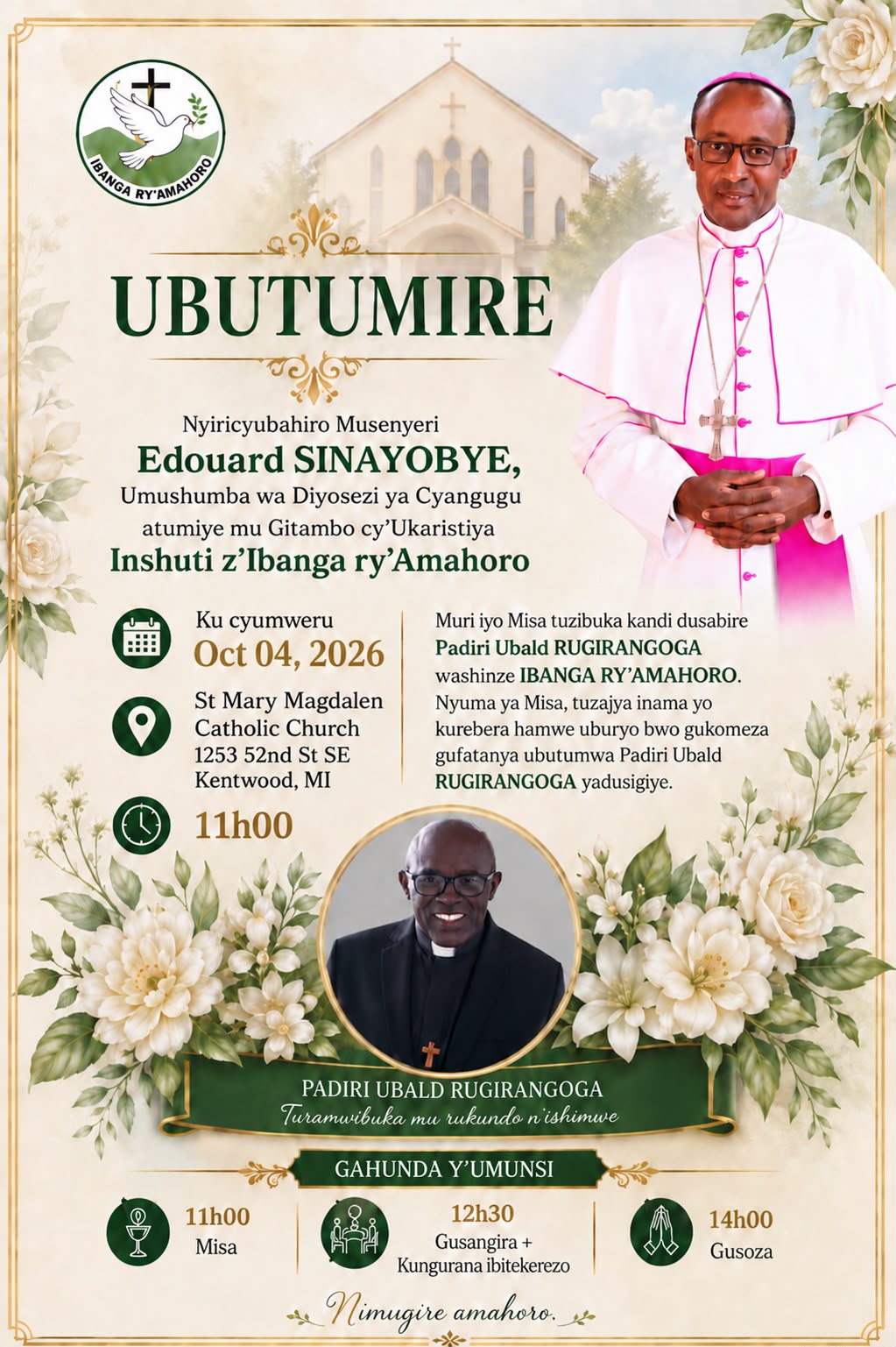 Official flyer announcing Bishop Édouard Sinayobye’s October 4, 2026 Mass in Kentwood, Michigan.