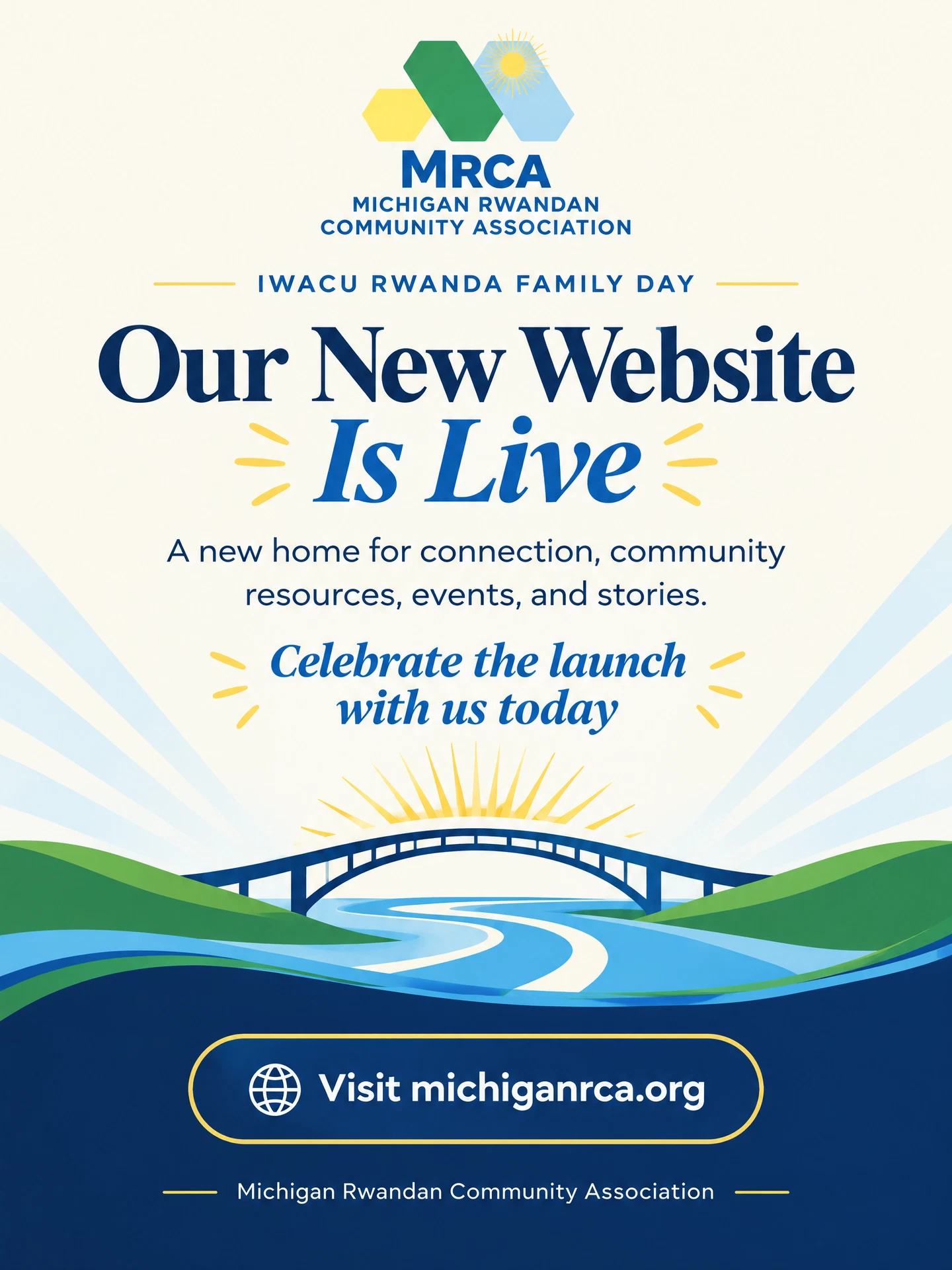 Michigan Rwandan Community Association flyer announcing that the new website is live at michiganrca.org.